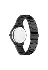 Schwarze Edelstahl-Uhr mit glänzender Oberfläche, einem strapazierfähigen Gliederarmband und einem runden Gehäuse. Verfügt über einen glatten, offenen Rücken.