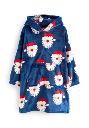 Blaues Fleece-Hoodie mit einer Tasche, das ein Muster aus weißen Santa-Gesichtern mit roten Hüten zeigt. Weicher Stoff, warmes Design, geeignet für kaltes Wetter.