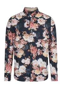 Camicia a maniche lunghe in blu navy scuro con stampa floreale che presenta rose rosa, crema e grigie. Colletto con bottoni e dettaglio taschino sul petto.