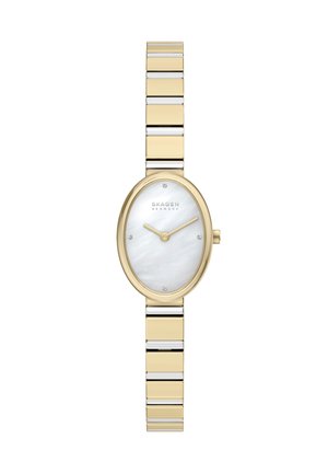 Goldene und silberne Metallarmbanduhr mit ovalem weißem Zifferblatt, goldenen Zeigern und vier kleinen Kristallmarkierungen an den Positionen 12, 3, 6 und 9 Uhr.