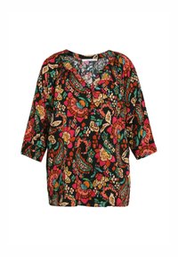 Blusa nera con un vivace motivo floreale nei colori rosso, giallo, verde e arancione. Presenta un collo a V e maniche a trequarti. Materiale leggero.