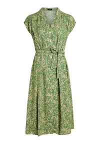 Abito avvolgente verde con fantasia floreale beige. Maniche corte, scollatura a v e vita con fiocco. Tessuto fluido con orlo al ginocchio.