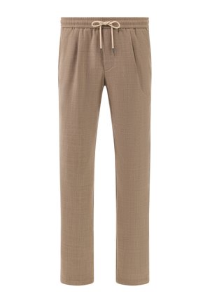 Beige loungebroek met een textuurstof, een broekkoord in de taille en zijzakken. Recht gesneden broekspijpen met minimale details.