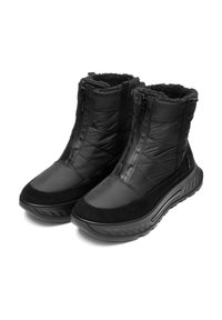 Schwarze Stiefeletten mit gestepptem Stoff und glatten Lederelementen, ausgestattet mit einer dicken Sohle, einem Reißverschluss und einem weichen Innenfutter.
