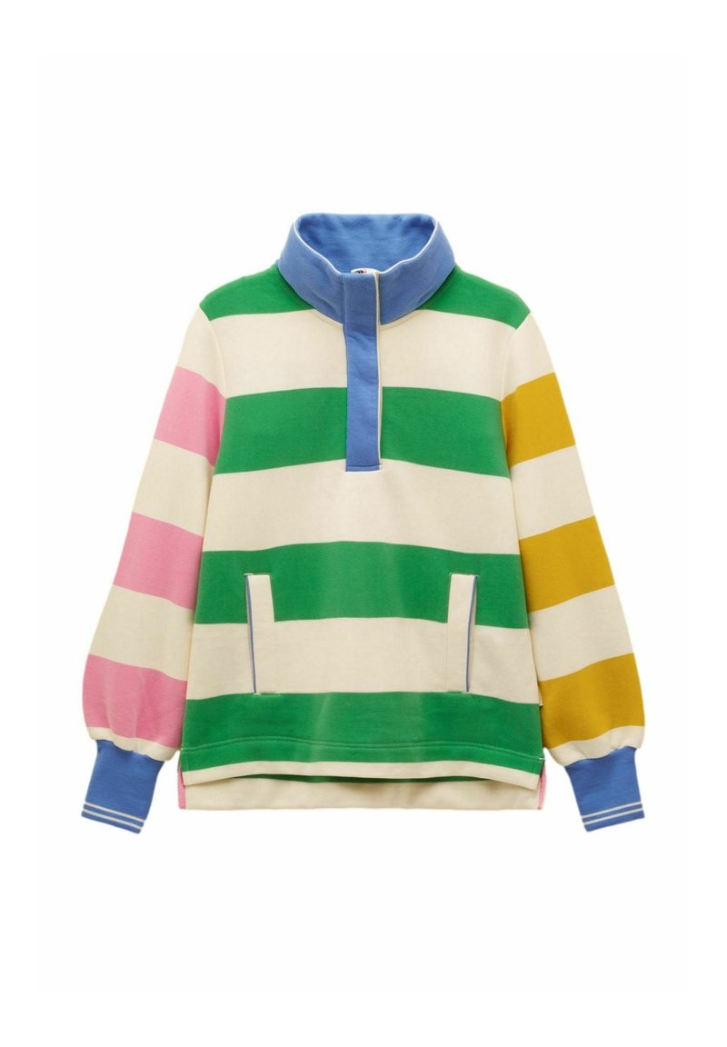 Langärmeliger Pullover mit breiten horizontalen Streifen in Grün, Creme, Pink und Senfgelb, blauem Stehkragen und Bündchen, aufgesetzten Taschen vorne und einem halben Reißverschluss.