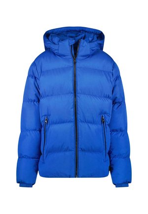 Blauwe pufferjack met capuchon, voorzien van een ritssluiting aan de voorkant, zijzakken en een doorgestikt ontwerp. Gemaakt van een gladde, lichte stof.