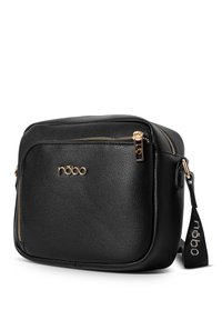 Borsa a tracolla nera in pelle sintetica testurizzata con zip dorata e logo. Include una tracolla regolabile per una maggiore versatilità.