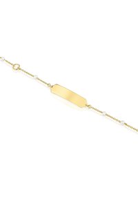 Pulsera de cadena de oro que presenta una placa central rectangular lisa y pequeños acentos de perlas a lo largo de la cadena.
