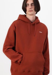 Rust-colored hooded sweatshirt made of soft fabric, featuring a front pocket and a small embroidered logo on the chest.