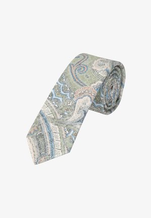 Patterned silk tie featuring green, blue, and beige hues with a paisley design. The tie is rolled and displays a smooth texture.