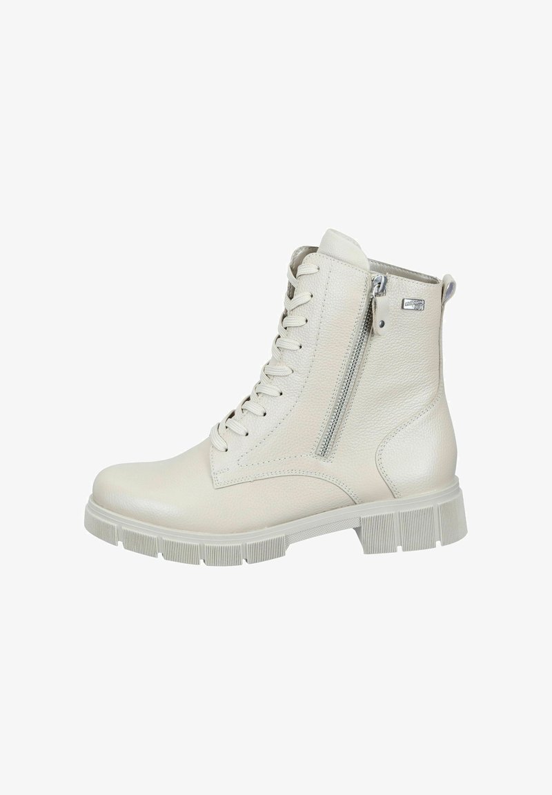 Lace-up ankle boot made of textured white leather, featuring a side zipper, thick rubber sole, and reinforced heel for stability.