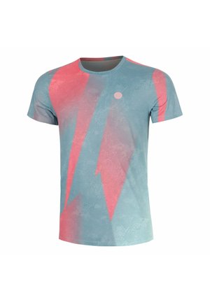 Kurzärmliges Sportshirt mit blauem Grundton und pinken geometrischen Blitzmustern auf Vorderseite und Ärmeln.