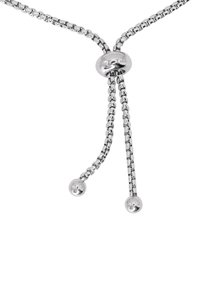 Collana in argento con perla scorrevole, caratterizzata da due estremità con accenti sferici. Il design della catena è elegante e lucido, garantendo flessibilità.