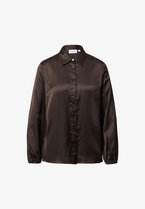 Brązowa satynowa koszula zapinana na guziki z kołnierzem rozpostartym, długimi rękawami i mankietami. Posiada gładką teksturę i sześć guzików z przodu.
