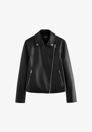 Sort læderjakke med en struktureret krave, skrå lynlås, og to sidelommer med lynlås; glat tekstur og tætsiddende design.