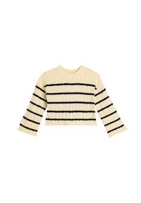 Jersey de punto cremoso recortado con rayas horizontales negras y un patrón de trenzas texturizado; mangas largas acampanadas y escote redondo.