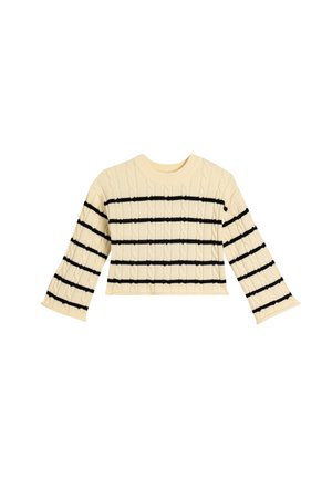 Jersey de punto cremoso recortado con rayas horizontales negras y un patrón de trenzas texturizado; mangas largas acampanadas y escote redondo.