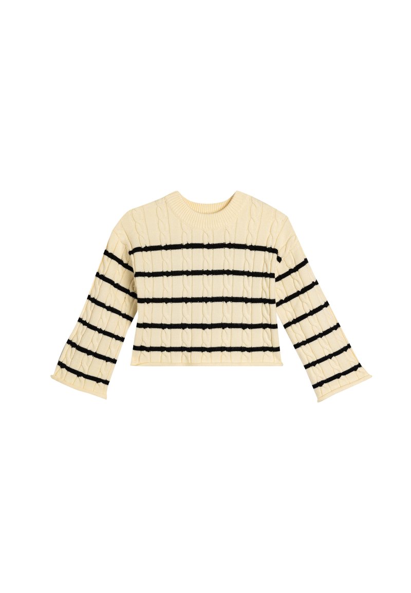 Jersey de punto cremoso recortado con rayas horizontales negras y un patrón de trenzas texturizado; mangas largas acampanadas y escote redondo.
