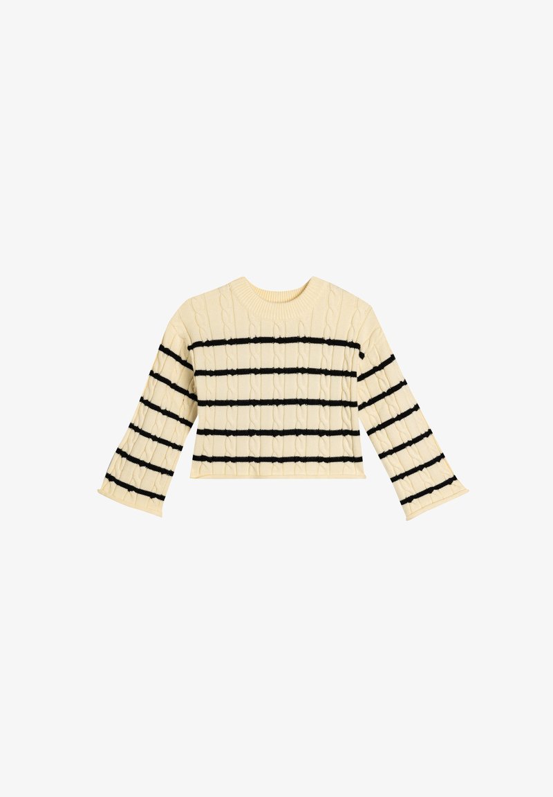 Jersey de punto cremoso recortado con rayas horizontales negras y un patrón de trenzas texturizado; mangas largas acampanadas y escote redondo.