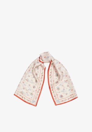 Siidist sall, millel on kreemjas taust, lillemustrid ja sinised teekannud, korallitoonis äärega ning dekoratiivse servaga.