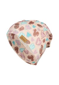Beanie hat made of soft fabric with a light pink base, featuring various heart shapes in brown, pink, and blue. Includes a small brand tag.