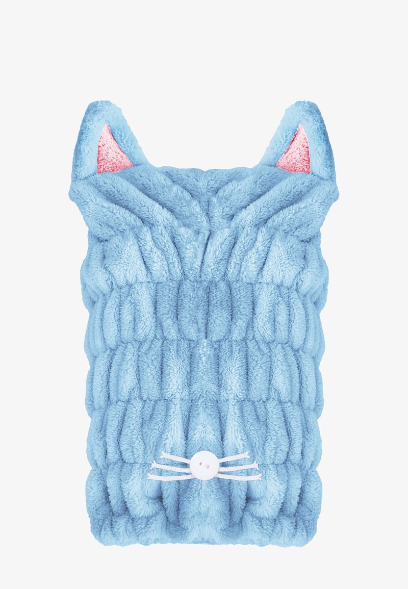 Miękka, puszysta niebieska opaska na głowę z różowymi wykończeniami uszu kota oraz białym guzikiem z detalem wąsów na przodzie.