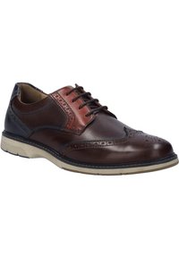 Braune Leder-Brogue-Schuhe mit abgerundetem Zehenbereich, dekorativen Perforationen, kontrastierenden burgunderfarbenen Akzenten und einer beigen Gummisohle.