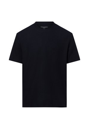 Schwarzes T-Shirt mit Rundhalsausschnitt aus strukturiertem Stoff, mit kurzen Ärmeln und geradem Saum. Keine sichtbaren Logos oder Muster.