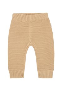 Häkelte, cremefarbene Kleinkindhose mit einem gerippten Bund und Bündchen. Weiche Textur, nahtloses Design und ein kleines Etikett an der Seite.