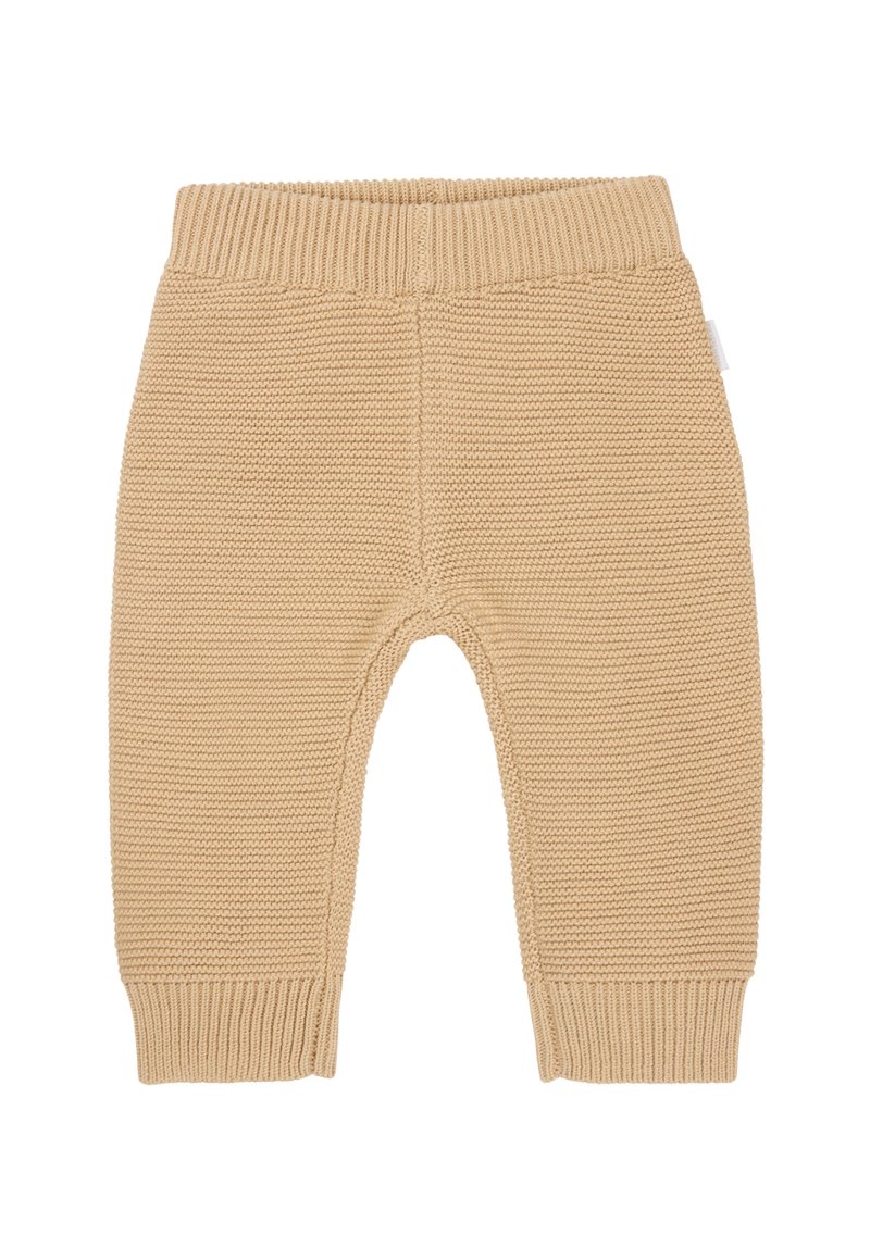 Häkelte, cremefarbene Kleinkindhose mit einem gerippten Bund und Bündchen. Weiche Textur, nahtloses Design und ein kleines Etikett an der Seite.