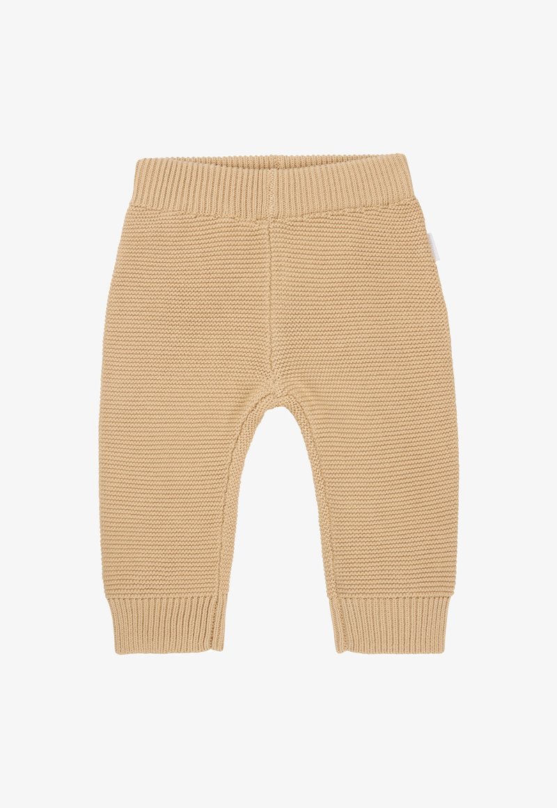 Gehaakte crèmekleurige peuterbroek met een geribde tailleband en boorden. Zachte textuur, naadloos ontwerp en een klein label aan de zijkant.