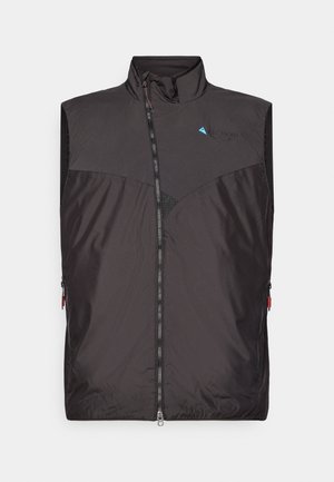 Zwarte mouwloze vest gemaakt van lichtgewicht stof, met een hoge kraag, een voorkeursrits en zijzakken met rits. Blauwe logo op de borst.