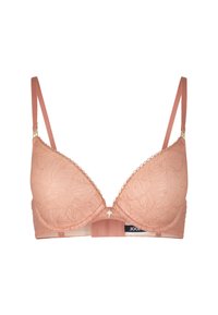 Reggiseno in pizzo floreale pesco con spalline regolabili, coppe scollate, bordi ondulati e un piccolo accento metallico al centro davanti.