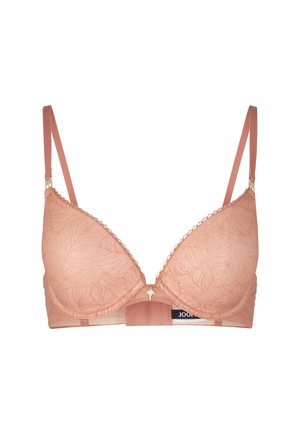 Soutien-gorge en dentelle florale pêche avec bretelles réglables, bonnets plongeants, bords festonnés et un petit détail métallique au centre avant.