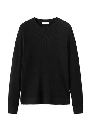Černý žebrovaný pletený svetr s dlouhými rukávy a kulatým výstřihem. Má volný střih a texturovanou tkaninu. Bez viditelných log nebo vzorů.