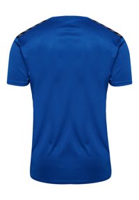 Blå kortærmet T-shirt lavet af letvægtsstof. Har sorte detaljer på skuldrene og en rund halsudskæring. Glat tekstur.