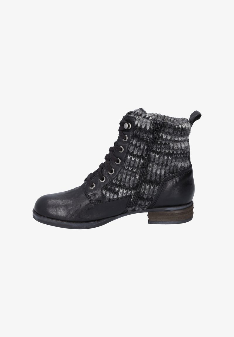 Black leather ankle boot with a textured gray knitted cuff, side zipper, and lace-up front, featuring a low wooden heel.