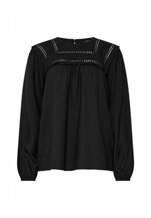 Blusa nera a maniche lunghe con colletto alto, dotata di dettagli arricciati, cuciture decorative e una vestibilità ampia. Chiusura posteriori a bottoni.
