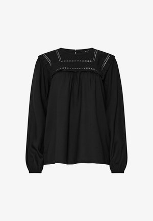 Blusa nera a maniche lunghe con colletto alto, dotata di dettagli arricciati, cuciture decorative e una vestibilità ampia. Chiusura posteriori a bottoni.
