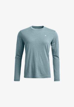Long-sleeve shirt in light blue, made of soft fabric, featuring a round neck and subtle logo detail on the chest. No patterns or accents.
