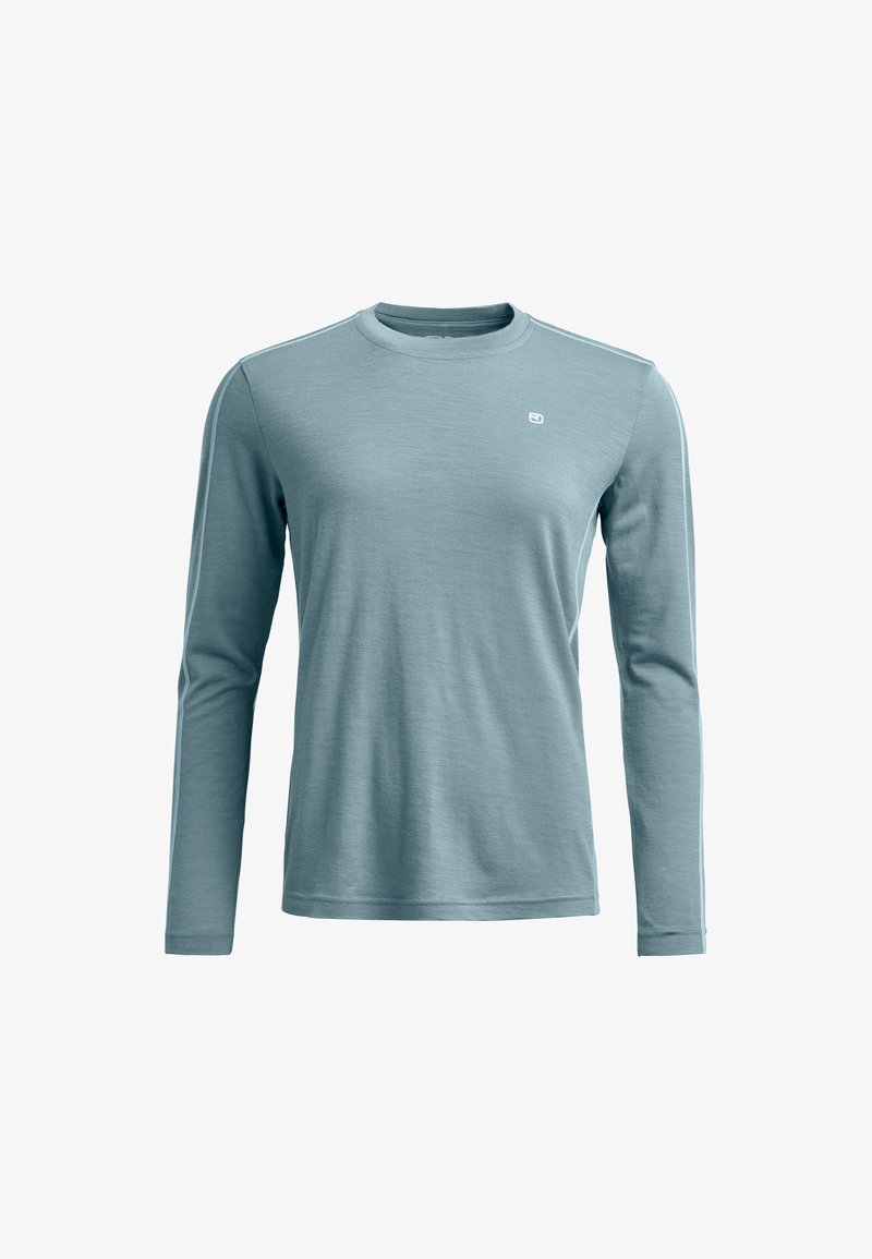 Long-sleeve shirt in light blue, made of soft fabric, featuring a round neck and subtle logo detail on the chest. No patterns or accents.