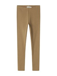 Brune ribbede leggings med elastisk talje, vist fladt mod en hvid baggrund, der fremhæver deres tekstur og design.