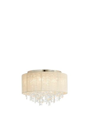 Round ceiling light fixture with a beige fabric shade and hanging clear crystal pendants, emitting warm light.