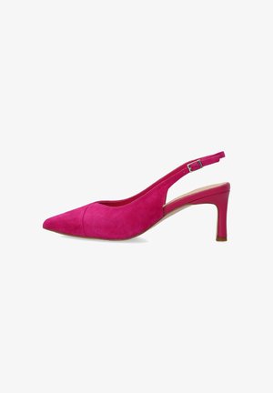 Rosa Wildleder Slingback High Heel mit spitzer Spitze und verstellbarem silbernem Schnallenriemen, mittelhoher Absatz.