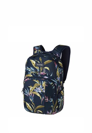 Zaino Dakine nero con stampa floreale tropicale multicolore, spallacci imbottiti e tasche frontali con cerniera.