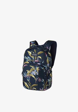 Zaino Dakine nero con stampa floreale tropicale multicolore, spallacci imbottiti e tasche frontali con cerniera.