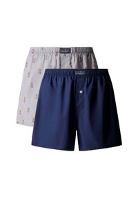 Due paia di pantaloni corti da uomo: uno grigio con righe verticali e piccoli motivi, l'altro blu navy uniforme. Vita elastica con un bottone.