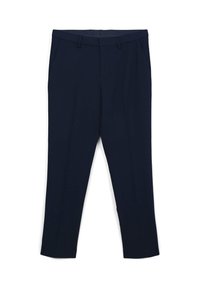 Marineblaue, maßgeschneiderte Hosen mit Gürtelschlaufen, seitlichen Taschen und geradem Bein, flach auf einem weißen Hintergrund präsentiert.
