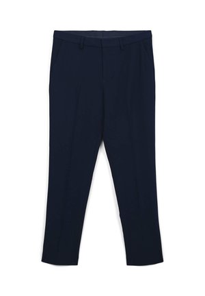 Pantaloni su misura blu navy con passanti per cintura, tasche laterali e gamba dritta, mostrati distesi su uno sfondo bianco.