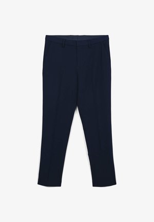 Pantaloni su misura blu navy con passanti per cintura, tasche laterali e gamba dritta, mostrati distesi su uno sfondo bianco.